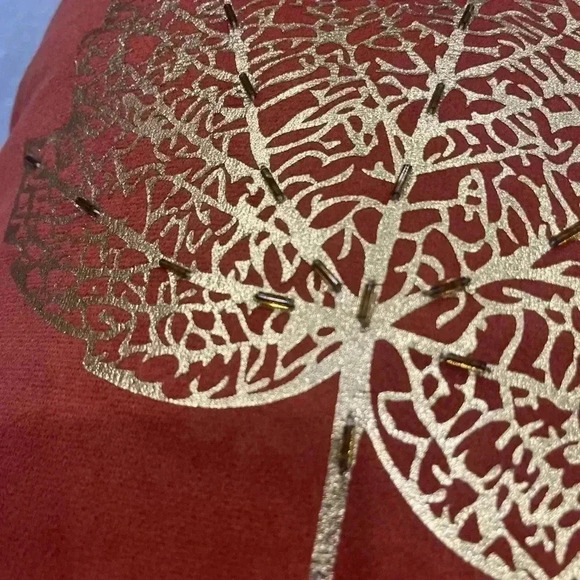 Pumpkin Red Faux Suede Fabric Pillow with Golden Maple Leaf and ‘Thankful’ Print - Picture 5 of 8
